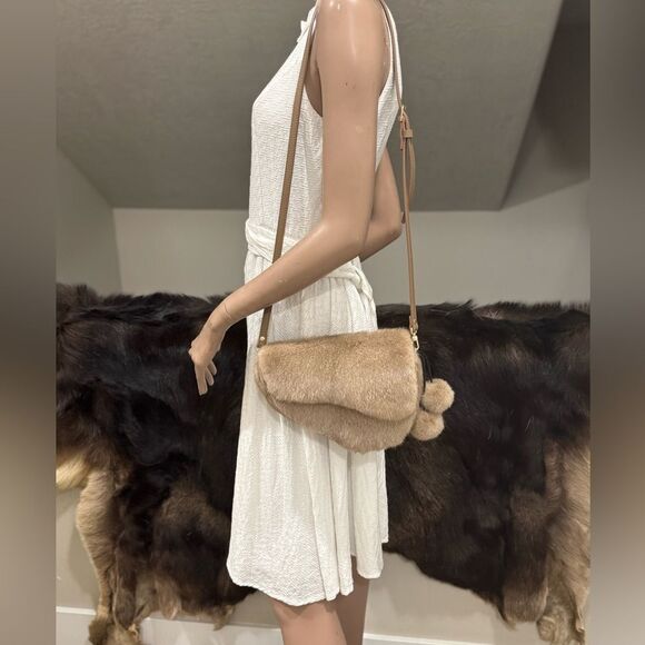 Natural Mink Fur Handmade Asymmetric Saddle Bag/Crossbody & 2 Mink Fur Charm - Picture 10 of 16